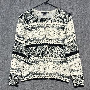 August Silk Cardigan Sweater Womens M Off-White Black Floral Geometric Button Up